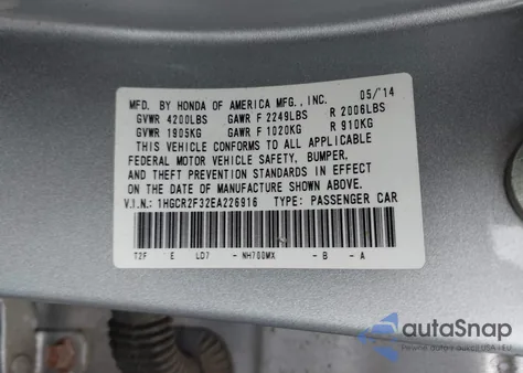 2014 Honda Accord Lx from USA, damaged, VIN 1HGCR2F32EA226916